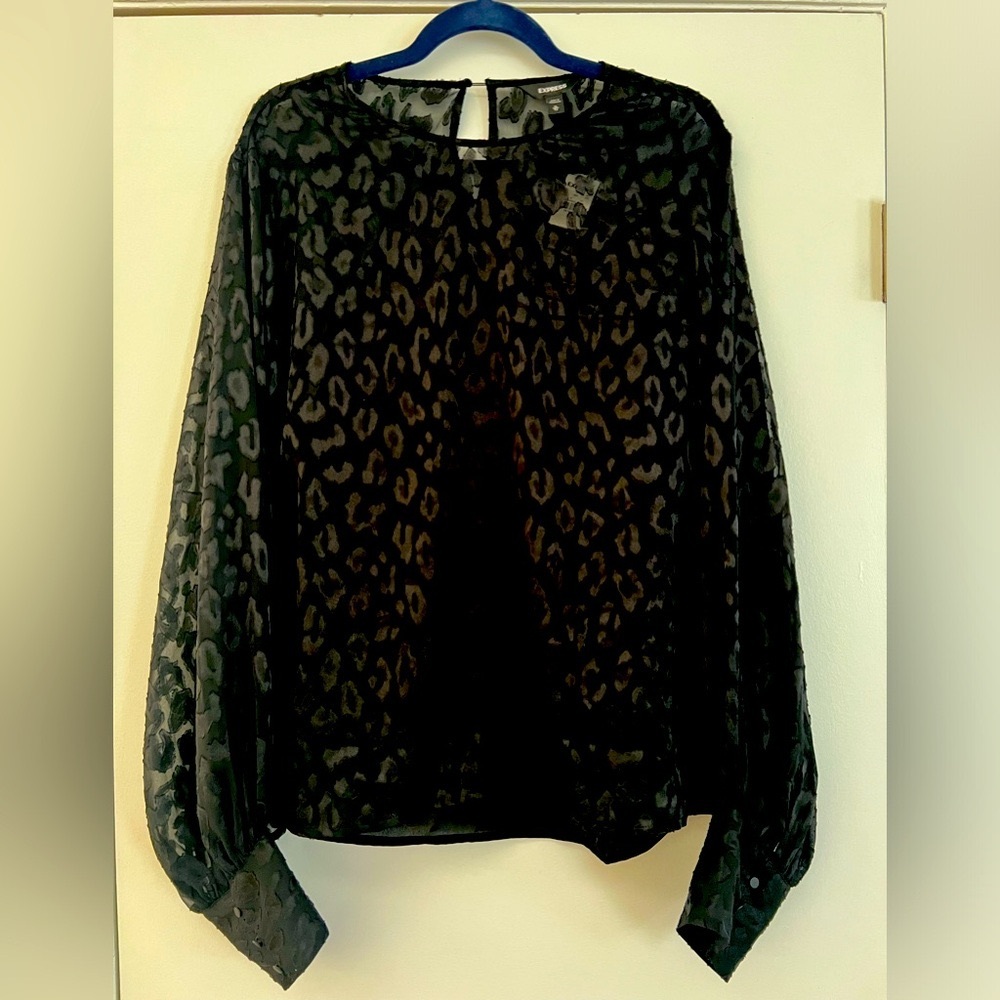 Express Top Womens X-Large Black Leopard Print Monochromatic Balloon Sleeve